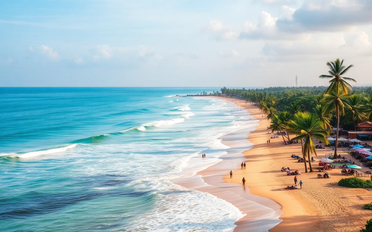 Hikkaduwa beach near Ambalangoda Sri Lanka lively west coast beach with palm trees, beach restaurants and turquoise sea in warm afternoon light