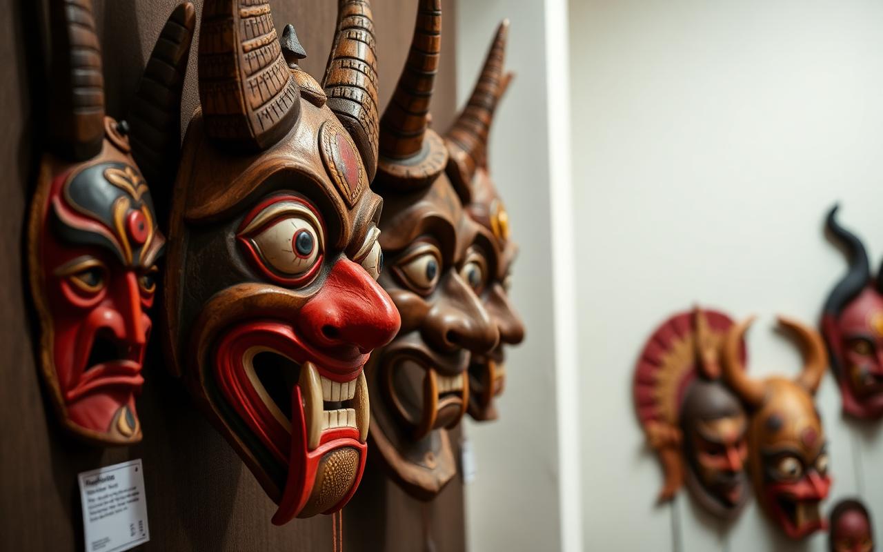 Traditional Sri Lankan wooden masks display Ariyapala mask museum Ambalangoda colorful carved devil and kolam masks craft heritage