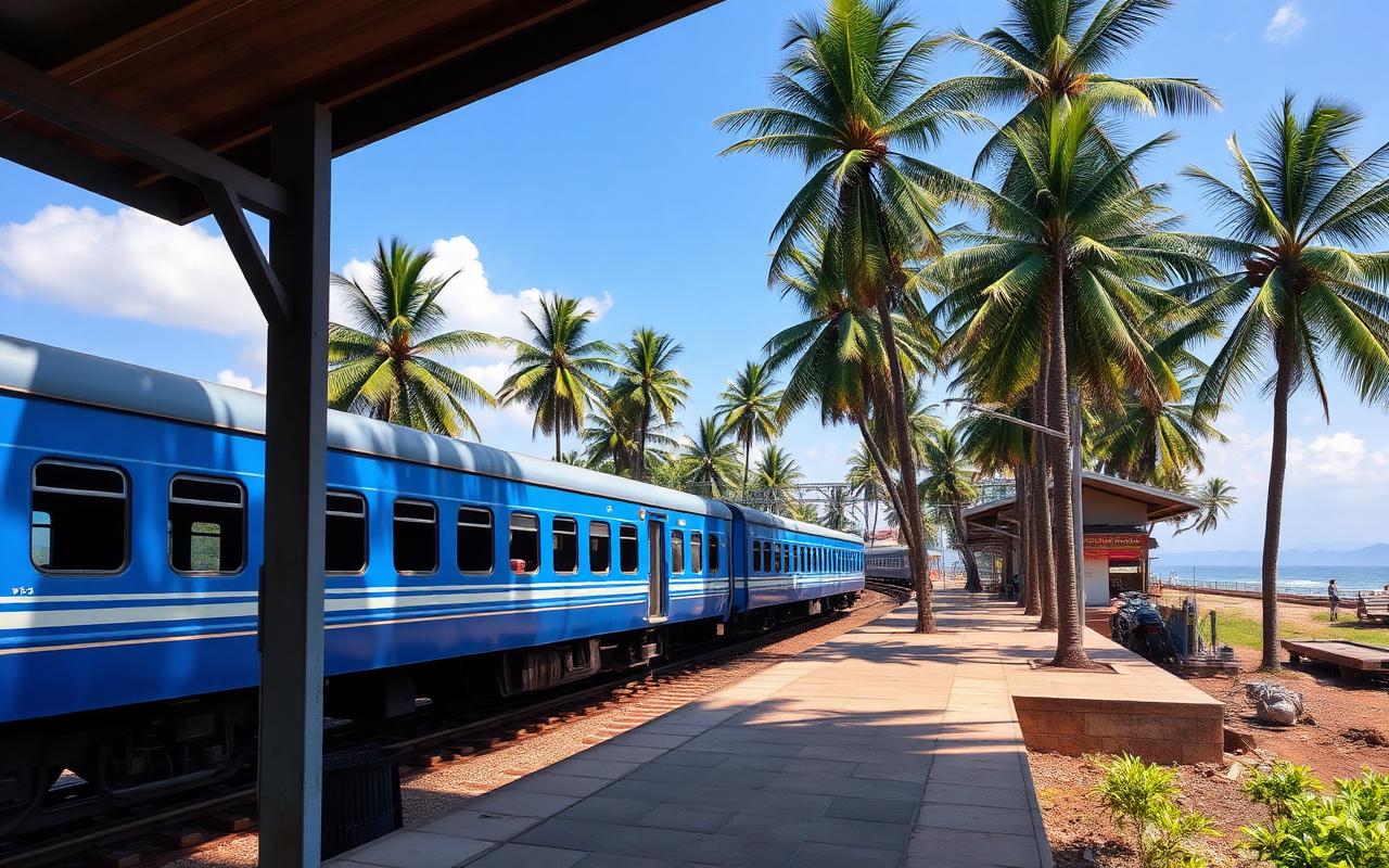 Ambalangoda railway station Sri Lanka small coastal train station platform with palm trees and a blue Sri Lankan coastal train in warm daylight