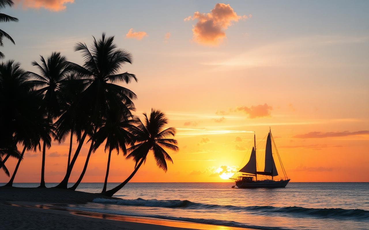 Sunset over Ambalangoda Beach Sri Lanka with palm trees, golden sky and a fishing catamaran silhouette