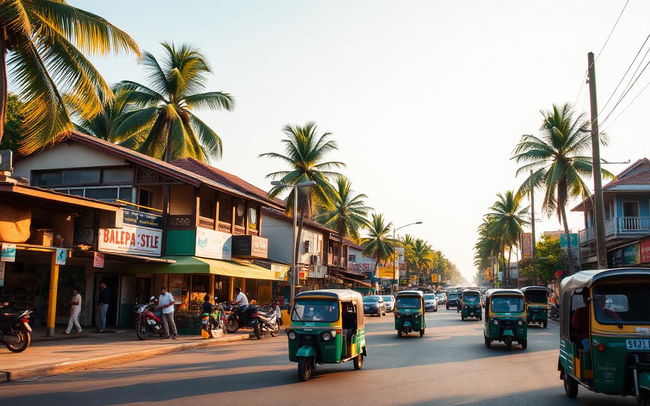 Ambalangoda town centre Sri Lanka along Galle Road with small local shops, tuk-tuks, palm trees and warm afternoon light
