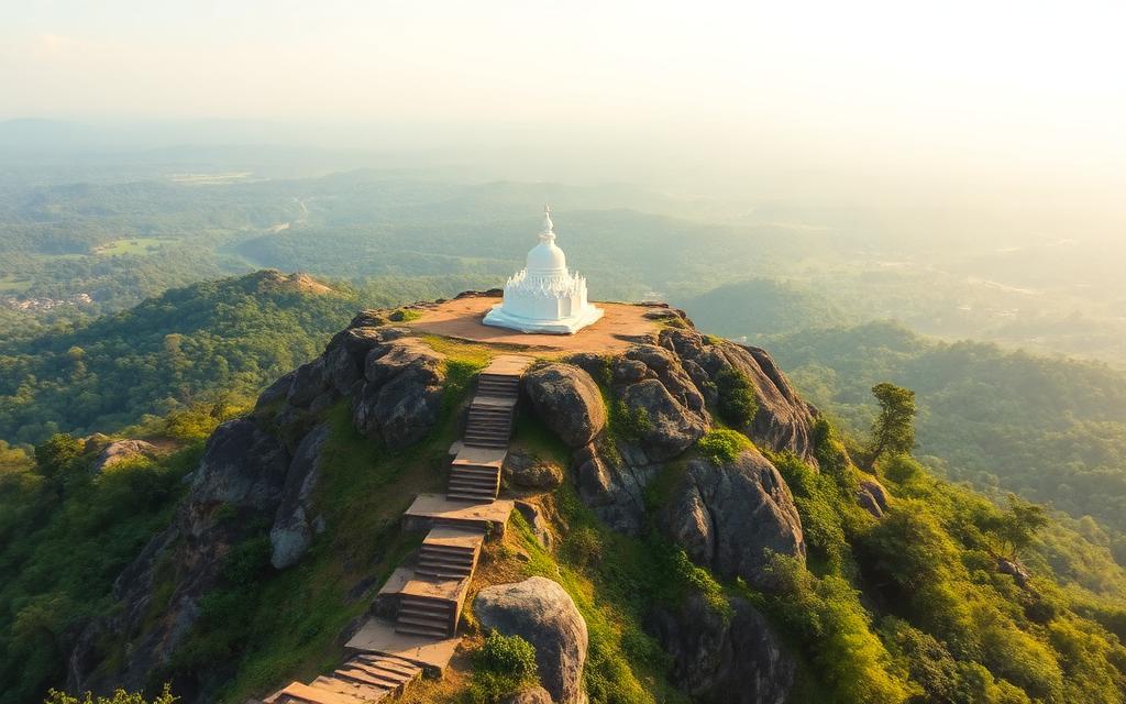 Mihintale rocky hilltop with white stupa near Anuradhapura Sri Lanka, ancient stone steps climbing the hill surrounded by green forest