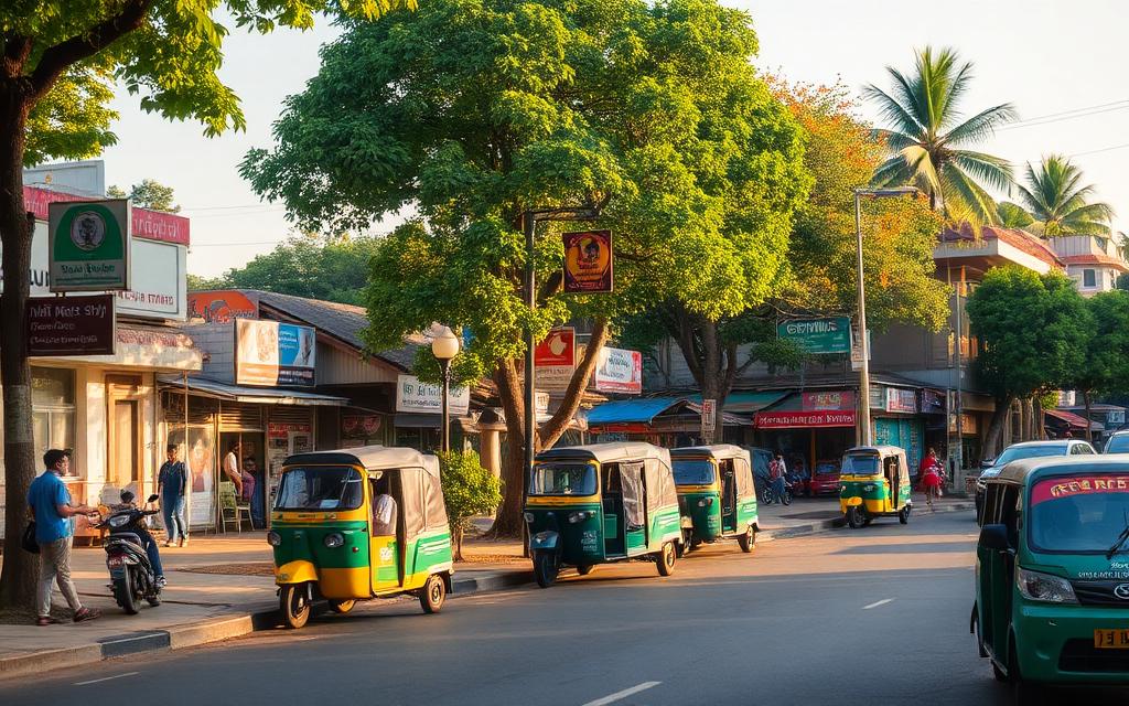 Anuradhapura New Town street in Sri Lanka with shops, tuk-tuks and palm trees in warm afternoon light