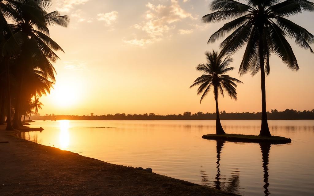 Nuwara Wewa large ancient reservoir lake in Anuradhapura Sri Lanka at golden hour with palm trees silhouetted on the calm water