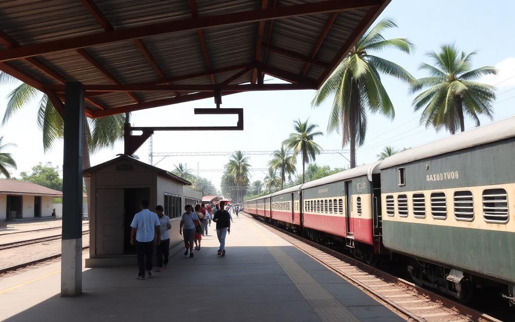 Anuradhapura railway station platform in Sri Lanka with a stationary train, palm trees and travelers walking under the canopy