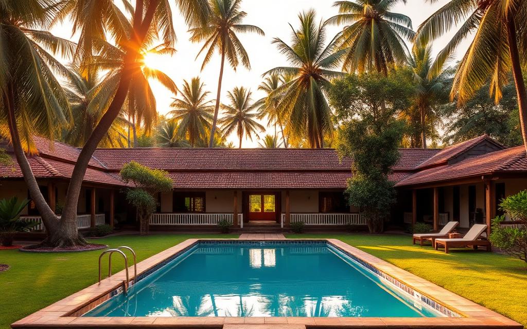 Garden-style heritage hotel near Anuradhapura with low-rise architecture, swimming pool and tall coconut palms in golden hour light