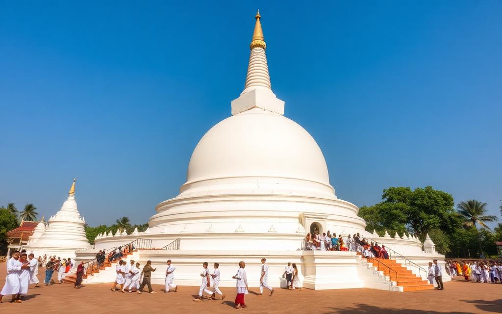 White Ruwanwelisaya stupa in Anuradhapura Sri Lanka with white-clad pilgrims walking around the base under a clear blue sky