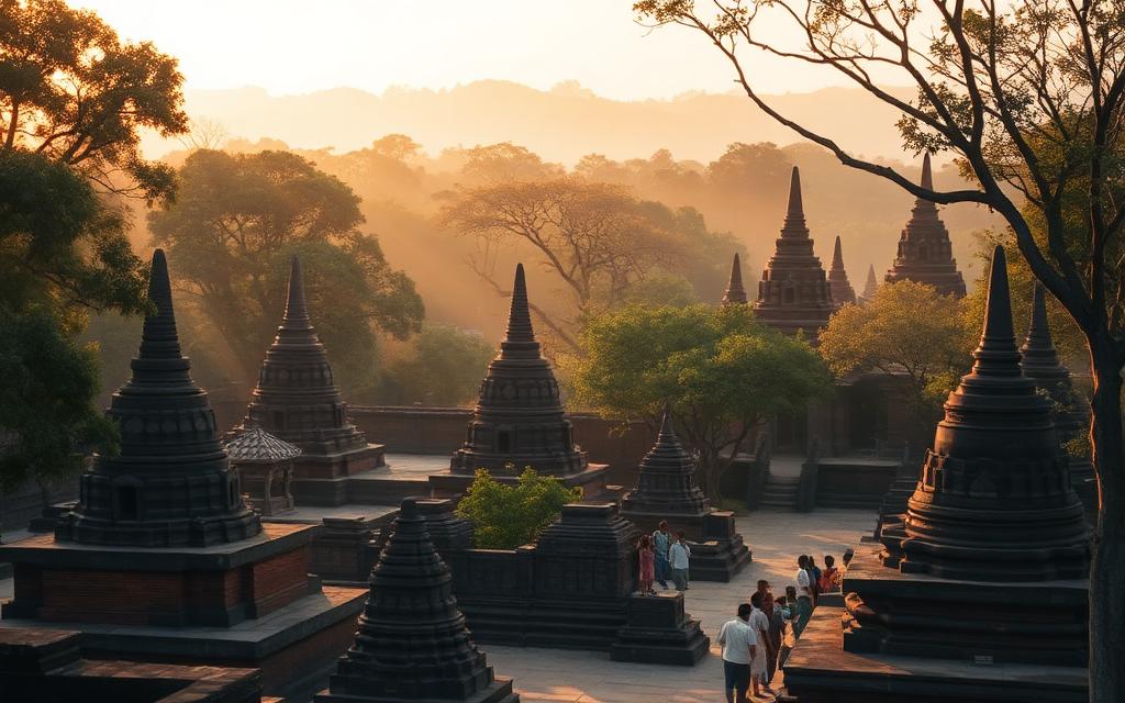 Ancient stupas and brick ruins in the Sacred City of Anuradhapura Sri Lanka, surrounded by tall trees in soft golden light