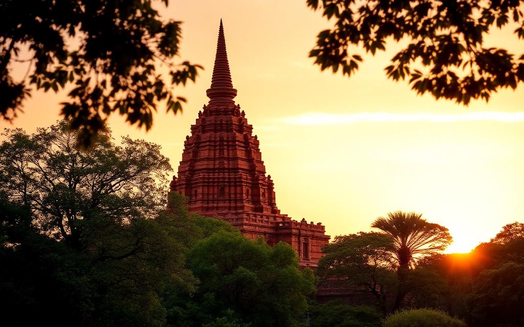 Ancient red brick stupa rising above trees in Anuradhapura at sunset — heritage atmosphere typical of central boutique stays
