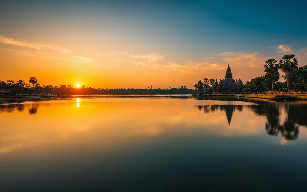 Tissa Wewa ancient reservoir lake in Anuradhapura Sri Lanka at sunset with calm water reflecting palm trees and distant stupas
