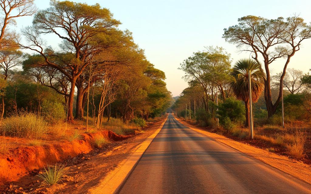 Quiet rural road on the way to Wilpattu National Park near Anuradhapura Sri Lanka with dry-zone trees in warm golden light