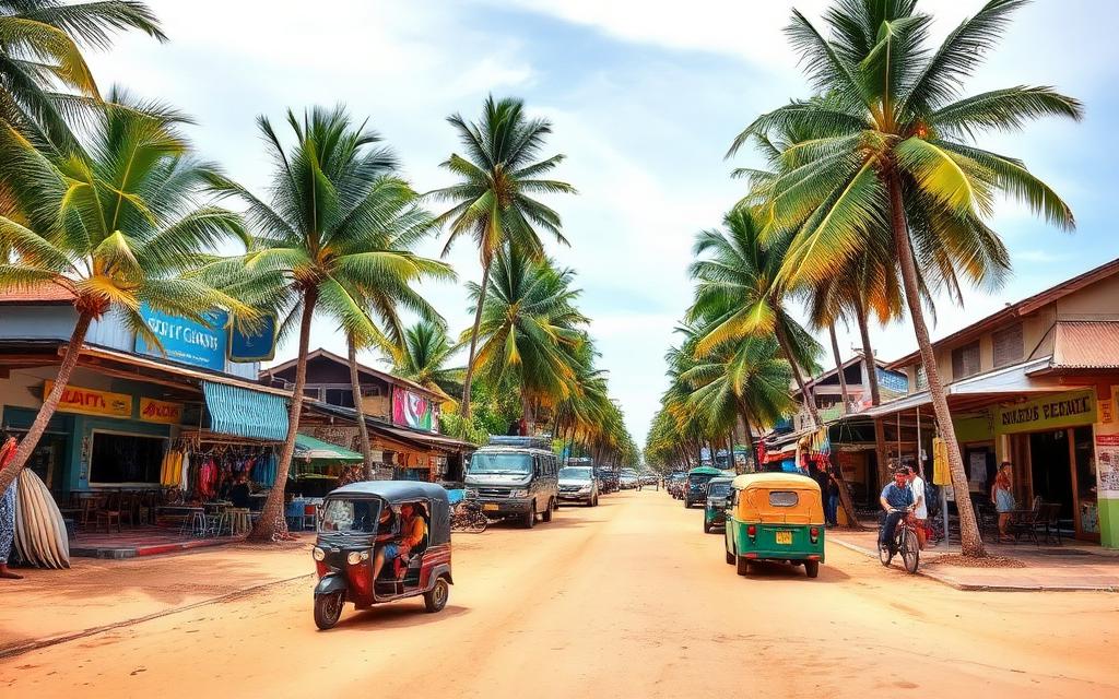 Beach Road central Arugam Bay Sri Lanka palm-lined main strip with surf shops, casual cafes, tuk-tuks and travelers walking