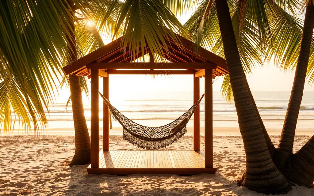 Boutique beach cabana near Arugam Bay Sri Lanka with design-led wooden cabana behind palms, hammock and golden hour light