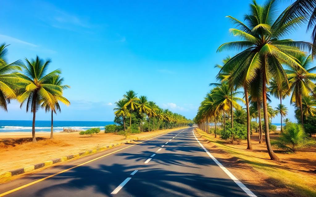 East coast Sri Lanka palm-lined coastal road following the coastline with glimpses of the Indian Ocean in calm rural east coast atmosphere
