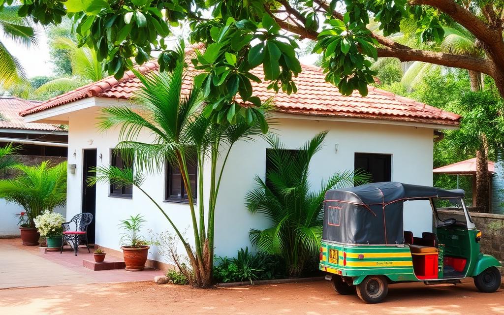 Family-run guesthouse in Arugam Bay Sri Lanka with whitewashed walls, terracotta roof, leafy garden with palms and parked tuk-tuk in casual surf-town atmosphere