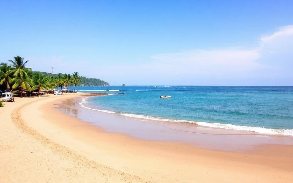 Arugam Bay Main Beach Sri Lanka with wide curving sandy beach, palm trees and casual beachfront guesthouses in clear daylight
