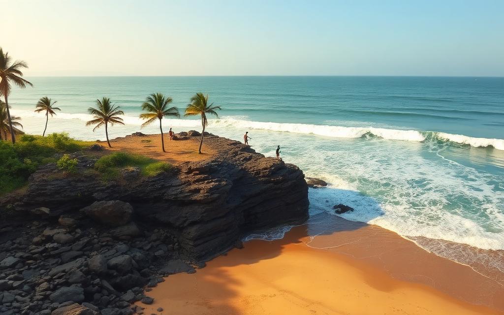 Main Point Arugam Bay Sri Lanka surf break with rocky headland, peeling right-hand wave, surfers paddling out and palm trees on the point