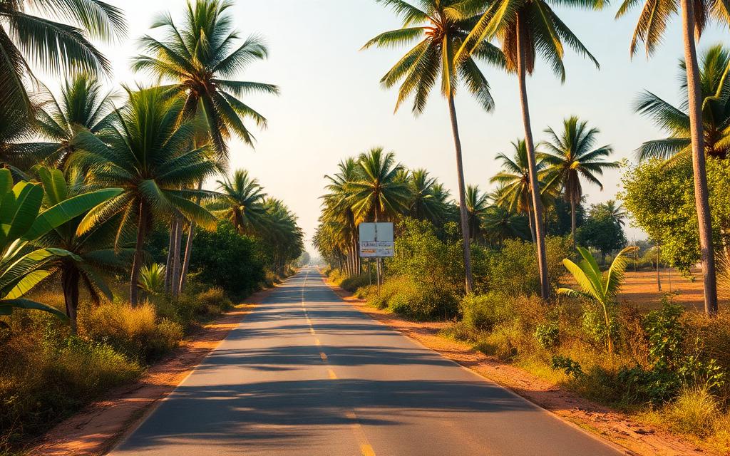 Panama Road Sri Lanka outside Arugam Bay quiet rural coastal road through palm trees and scrubland leading toward the lagoon in golden afternoon light
