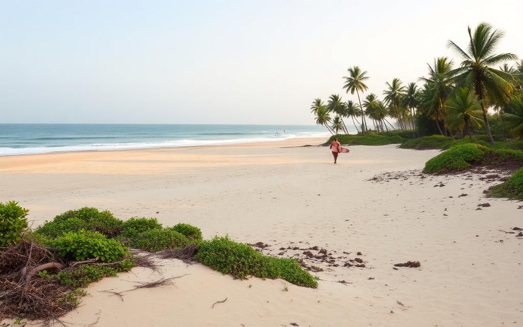 Peanut Farm beach Sri Lanka near Arugam Bay with wide empty sandy bay, surfer walking with board and palm trees in remote quiet east coast atmosphere