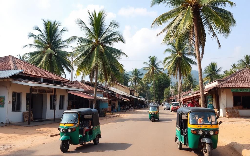 Pottuvil town Sri Lanka with low-rise local shops, palm trees, tuk-tuks and casual local Sri Lankan east coast atmosphere in daylight