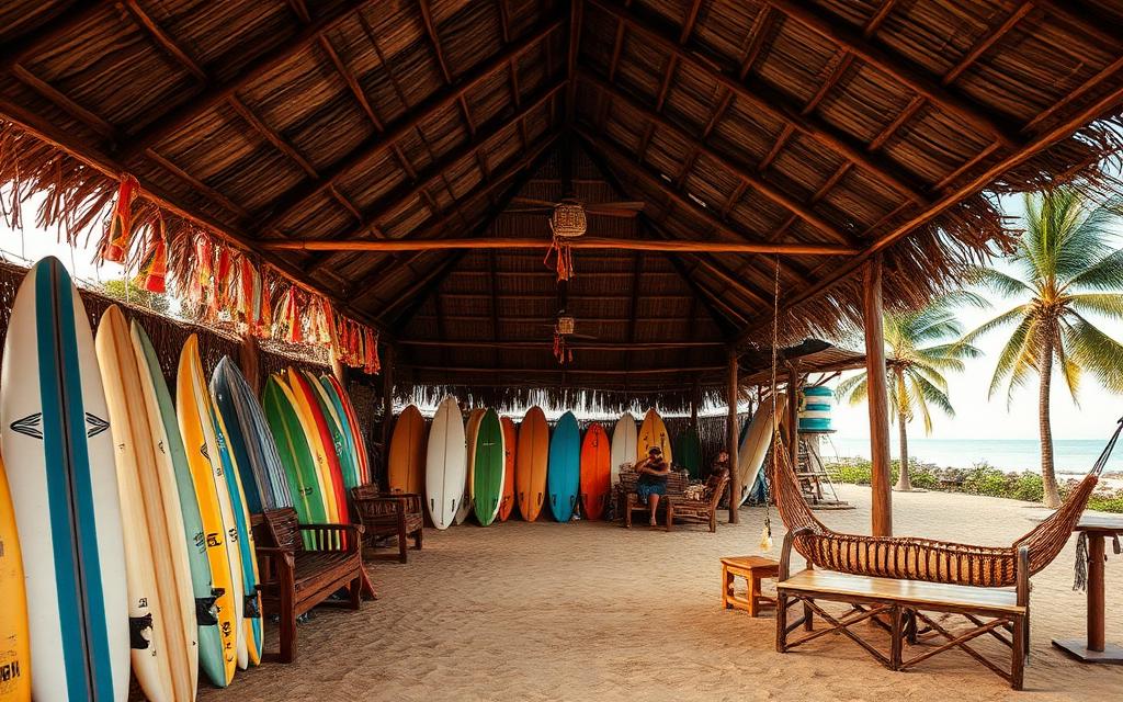 Surf camp Arugam Bay Sri Lanka with open-air thatched lounge, surfboards lined up, hammocks, palm trees and casual east coast surf vibe in late afternoon