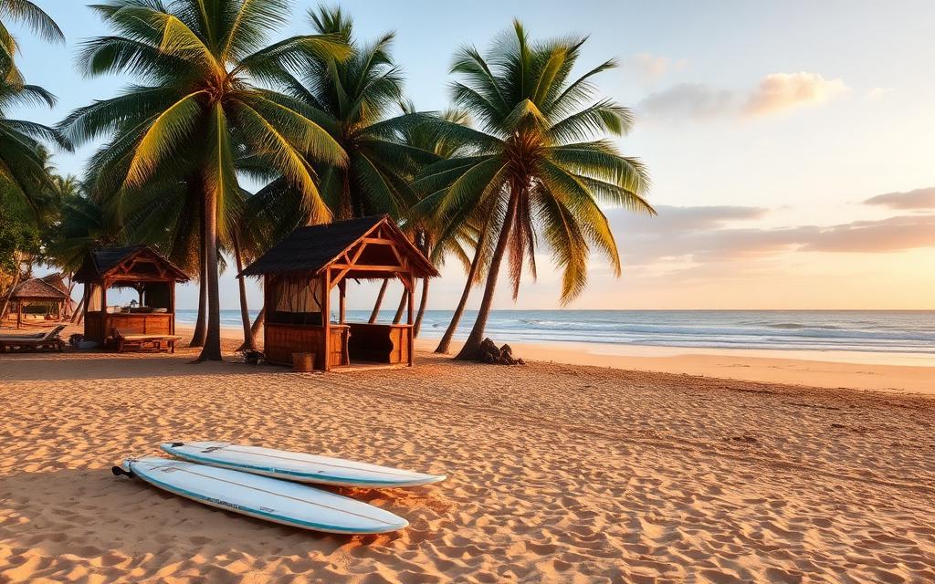 Whiskey Point Sri Lanka near Arugam Bay small sandy bay with simple surf cabanas behind palms, surfboards on the sand and quiet east coast golden hour atmosphere
