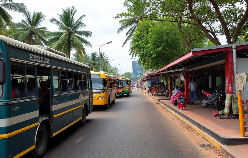 Avissawella bus stand Sri Lanka with local buses, passengers and roadside shops on the main road