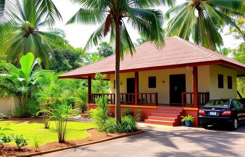 Local family run guesthouse in Avissawella Sri Lanka with tropical garden, veranda and palm trees