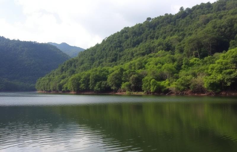 Labugama reservoir nature route near Avissawella Sri Lanka with calm water and dense rainforest