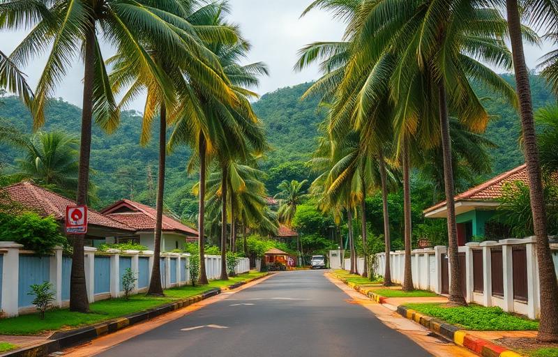 Quiet residential lane in Puwakpitiya near Avissawella Sri Lanka with palms and tropical houses