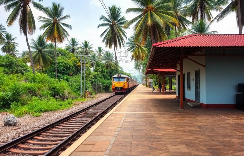 Avissawella railway station Sri Lanka small inland platform with tracks and tropical trees