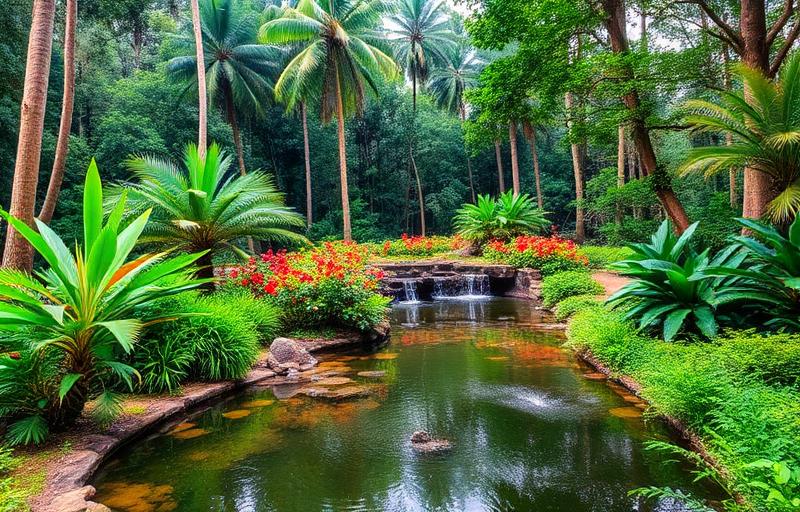 Seethawaka botanical garden Sri Lanka near Avissawella with lush tropical plants, water features and forest greenery