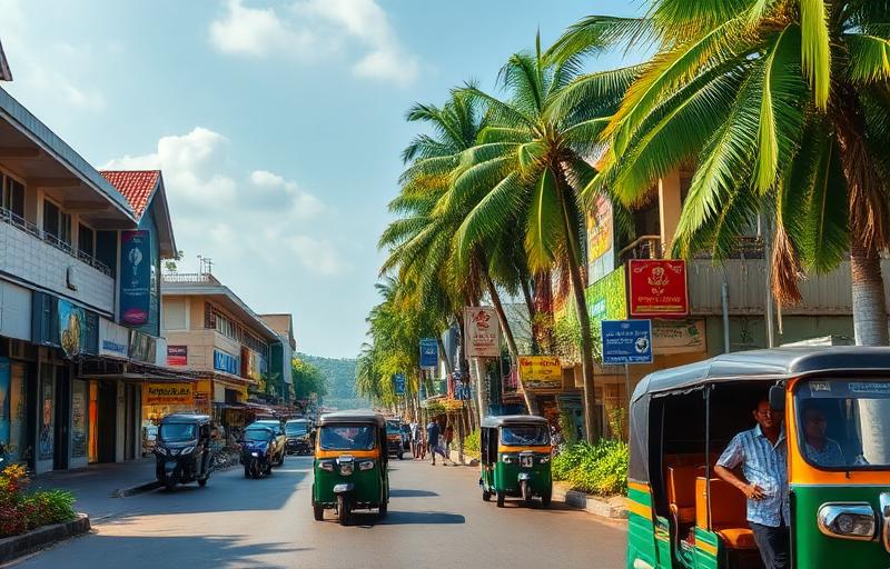 Avissawella town centre Sri Lanka main street with shops, tuk tuks and tropical greenery in afternoon light