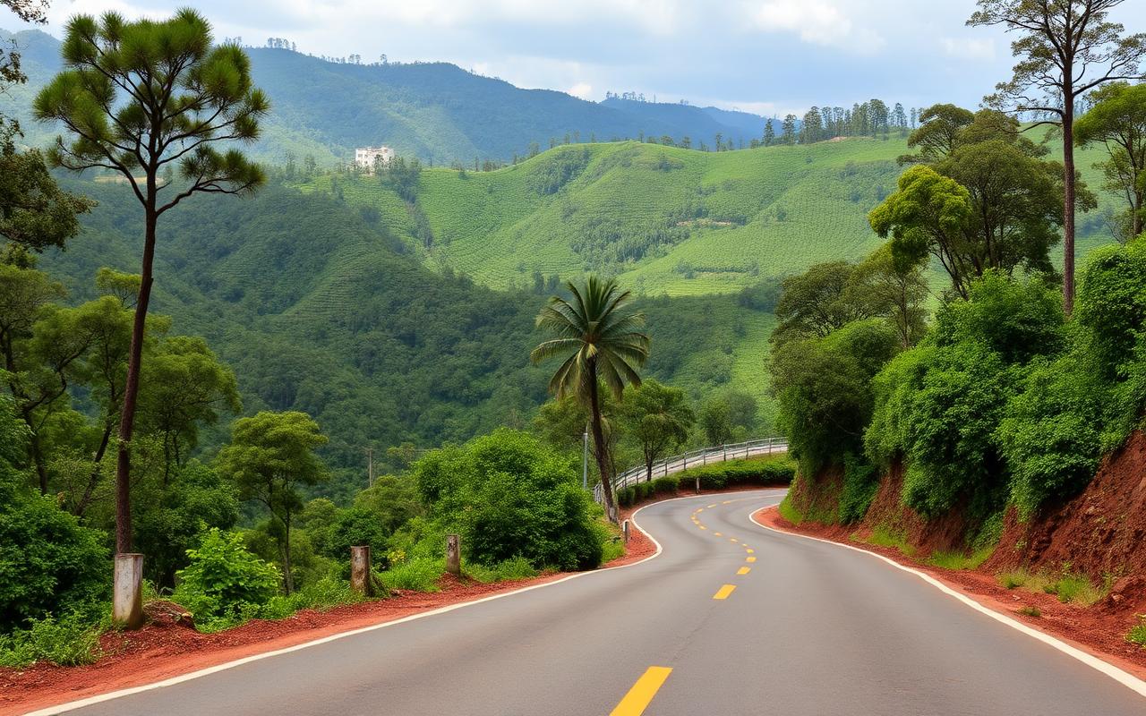 Mountain road between Badulla, Bandarawela and Haputale Sri Lanka with sweeping tea hill views and clouds