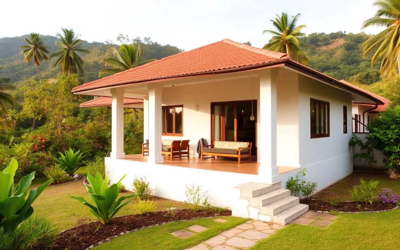 Holiday bungalow villa near Badulla Sri Lanka with white facade, gardens and surrounding hill country in soft light