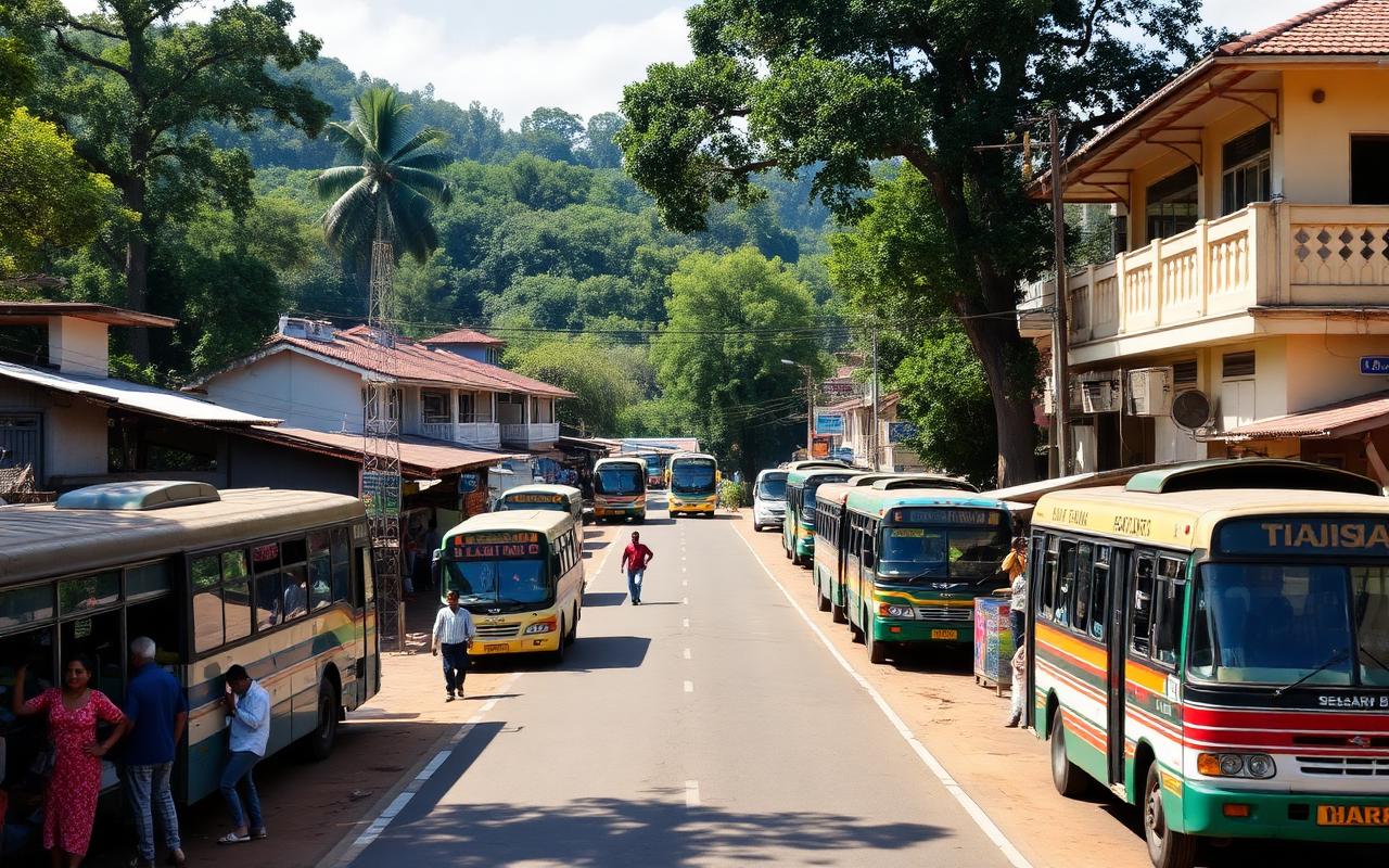 Badulla bus station and main road area Sri Lanka with buses, people and shops under daylight