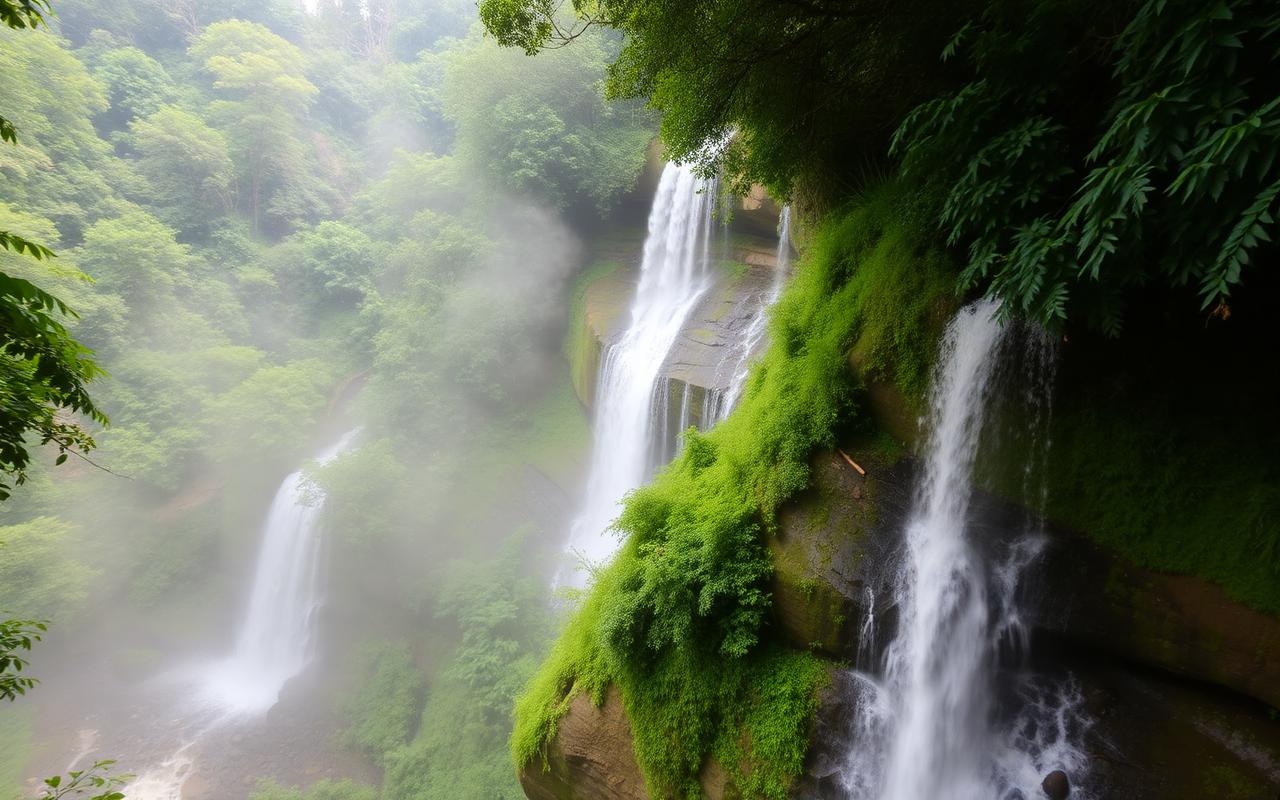 Dunhinda Falls Sri Lanka near Badulla, dramatic waterfall in green forest gorge with mist