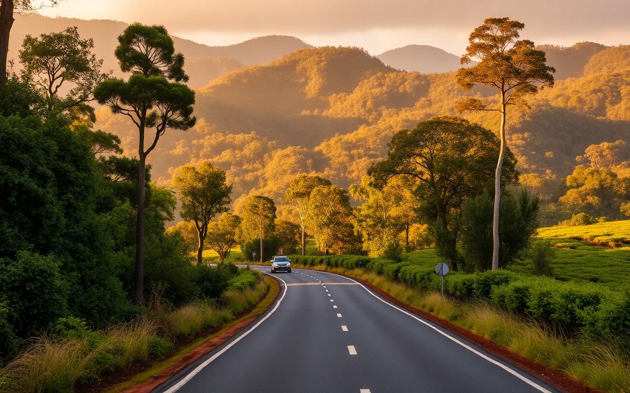 Scenic hill country road from Badulla toward Ella Sri Lanka through tea estates and forested mountains in golden afternoon light