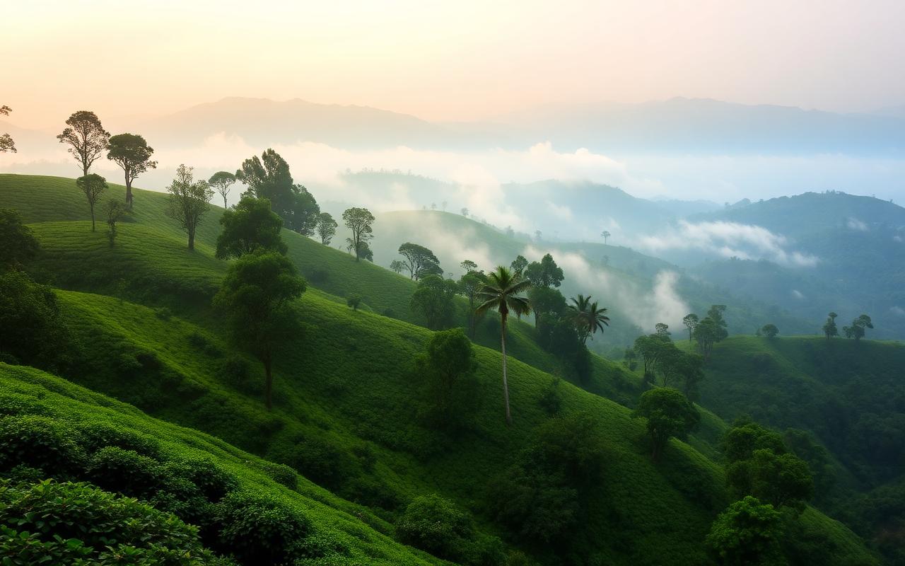 Mountain view hotel reference in Badulla Sri Lanka with green hills and tea fields