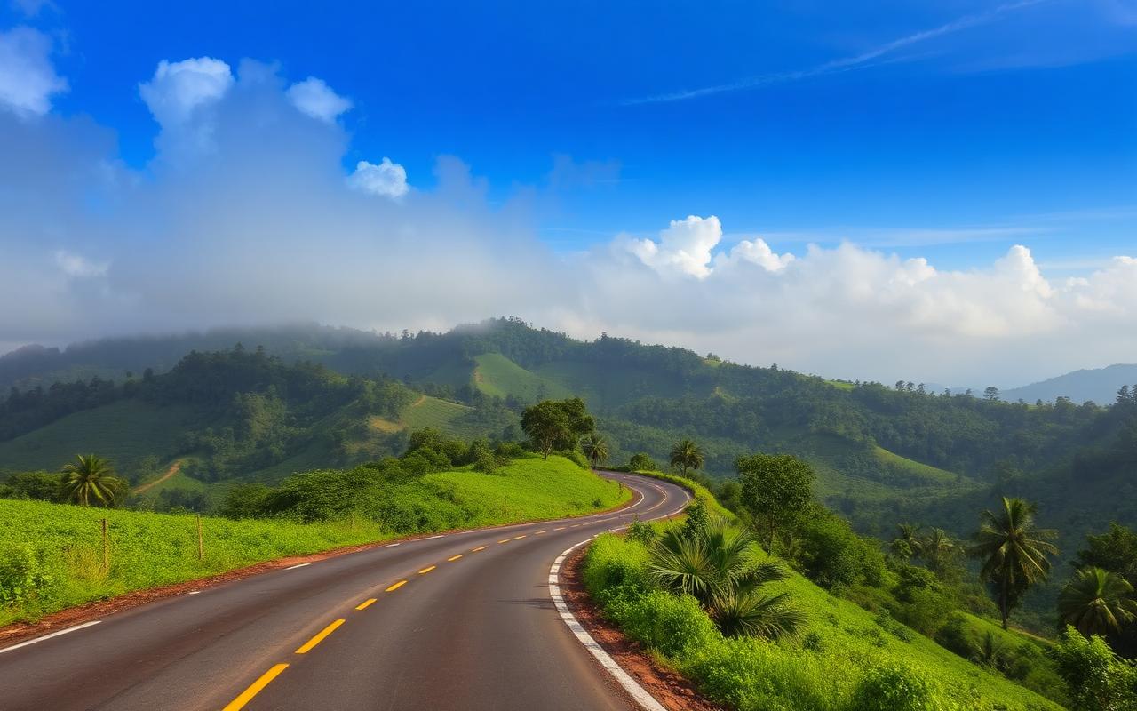 Country road from Badulla toward Passara Sri Lanka winding through tea estates and hill country with cloud cover