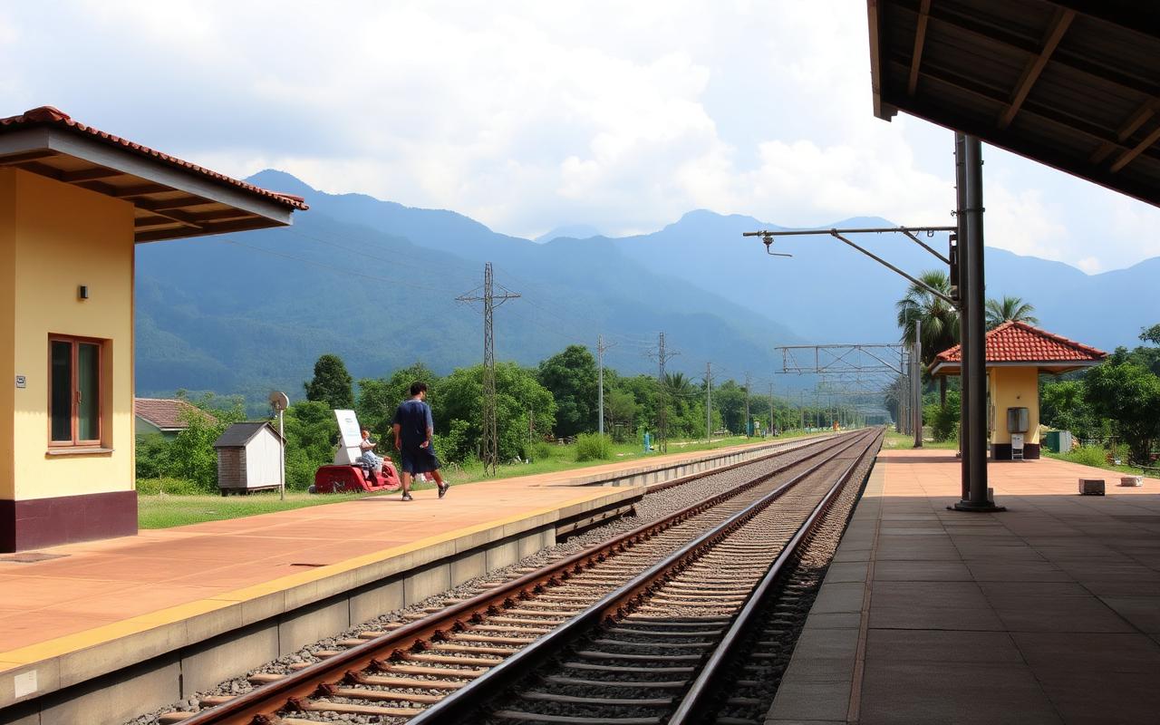 Badulla railway station Sri Lanka end of the hill country line with platform, tracks and mountain backdrop