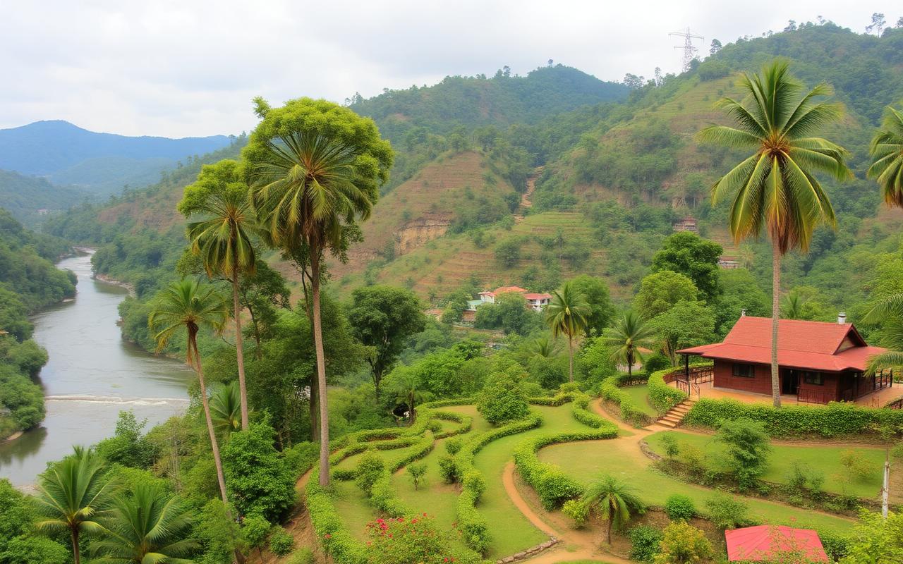 Riverside hotel reference in Badulla Sri Lanka with river, garden terrace and hill country backdrop