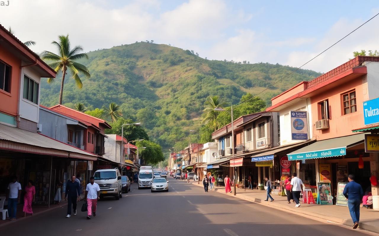 Badulla town centre Sri Lanka hill country city main street with shops, pedestrians and green hills in afternoon light