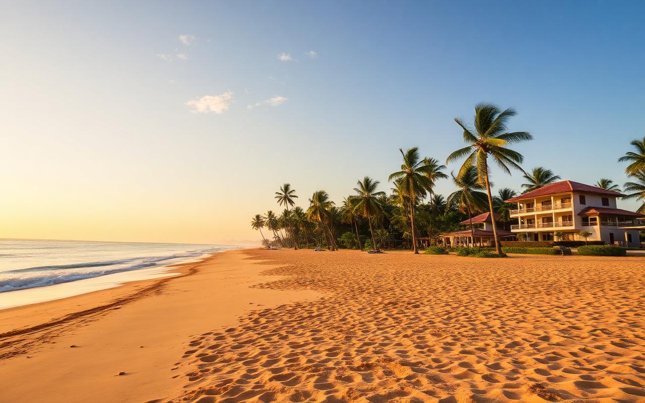 Ahungalla beach Sri Lanka near Balapitiya golden west coast sand with palm trees, calm Indian Ocean and resort architecture in warm afternoon light