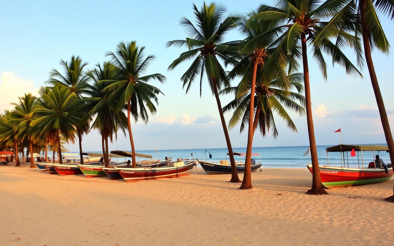 Ambalangoda Sri Lanka near Balapitiya local west coast town beach with palm trees, fishing boats and warm afternoon light