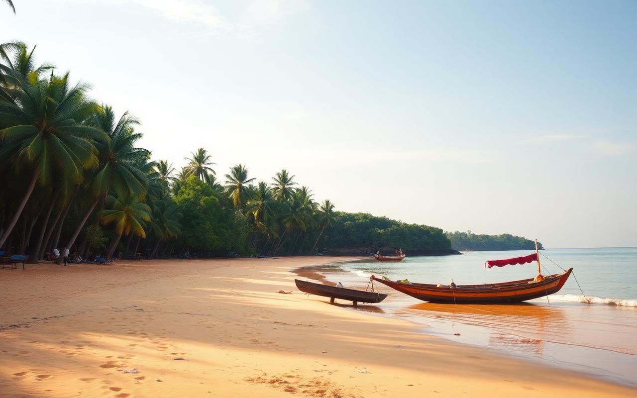 Balapitiya Beach Sri Lanka quiet golden west coast sand with tall coconut palms, calm Indian Ocean and a wooden fishing catamaran in warm afternoon light