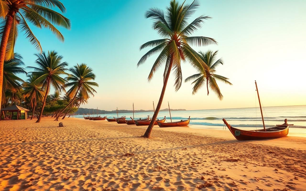 Bentota beach Sri Lanka near Balapitiya classic west coast resort beach with palm trees, golden sand, calm Indian Ocean and wooden catamarans in soft golden light