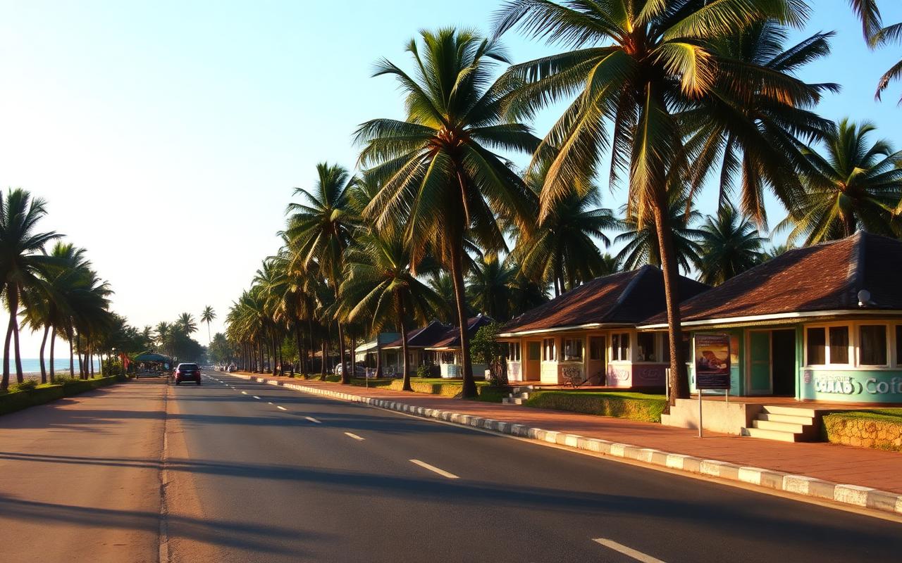 Sri Lanka west coast Galle Road near Balapitiya with palm-lined coastal road and small local hotels