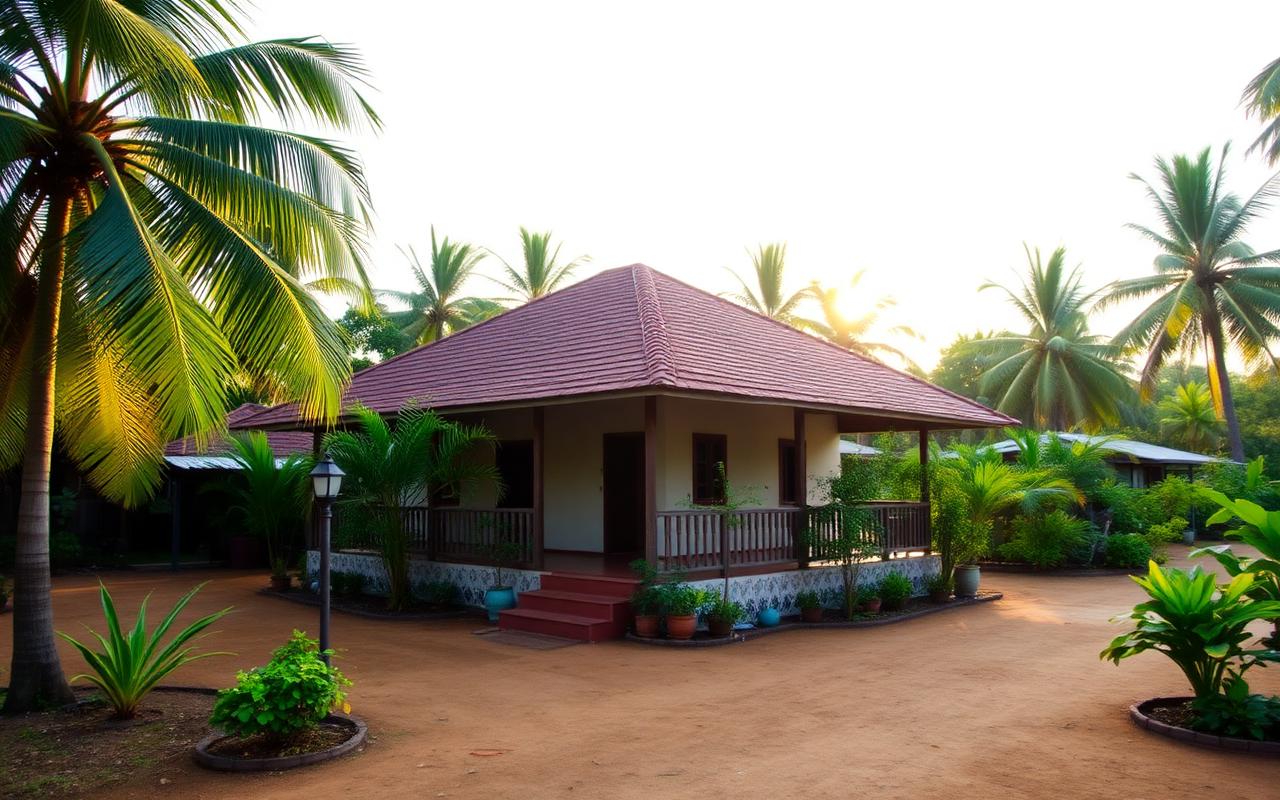 Local guesthouse in Balapitiya Sri Lanka with simple tropical architecture, garden, palm trees and warm afternoon light