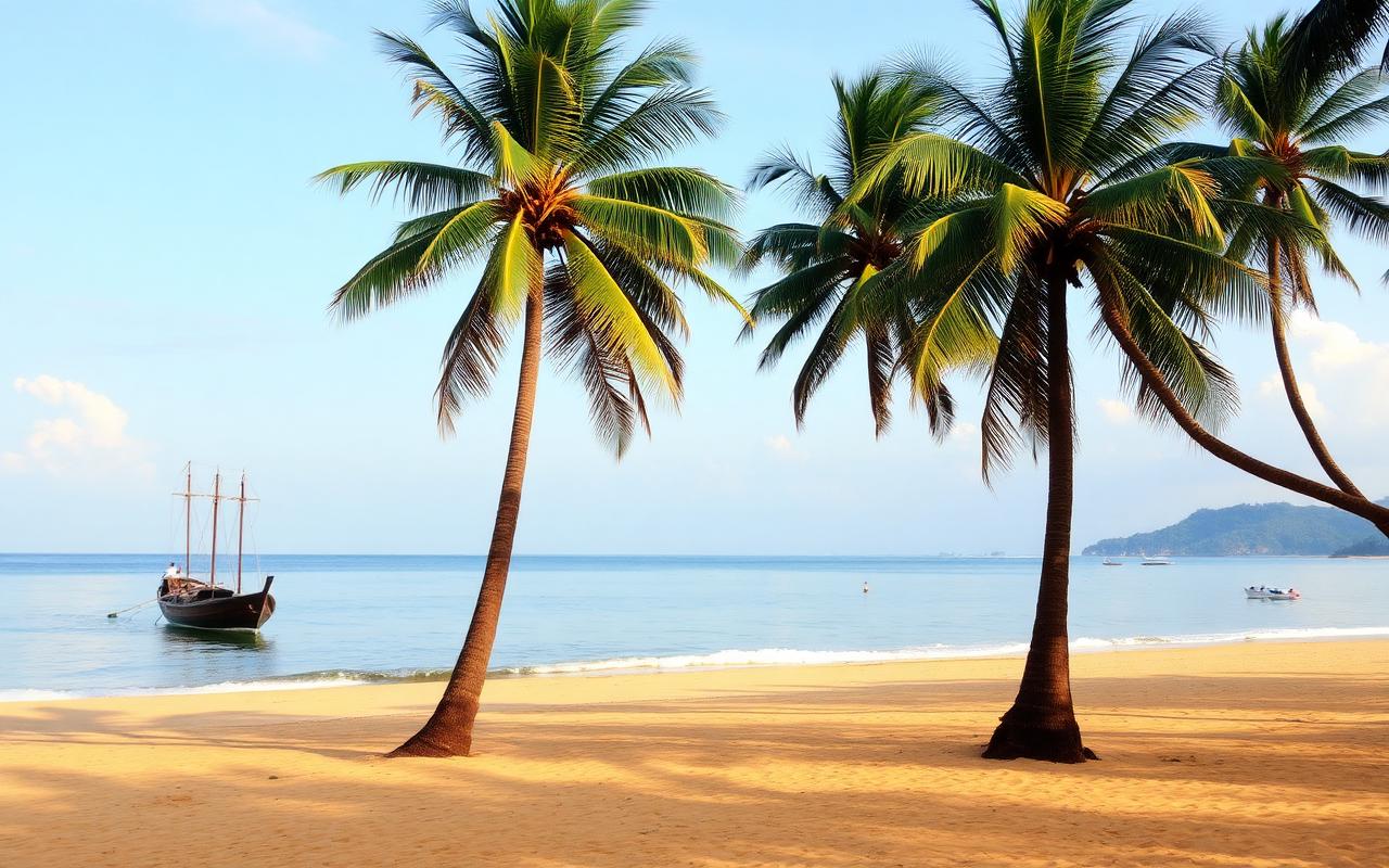 Kosgoda beach Sri Lanka near Balapitiya quiet golden sand with palm trees, calm sea and a wooden catamaran in warm afternoon light